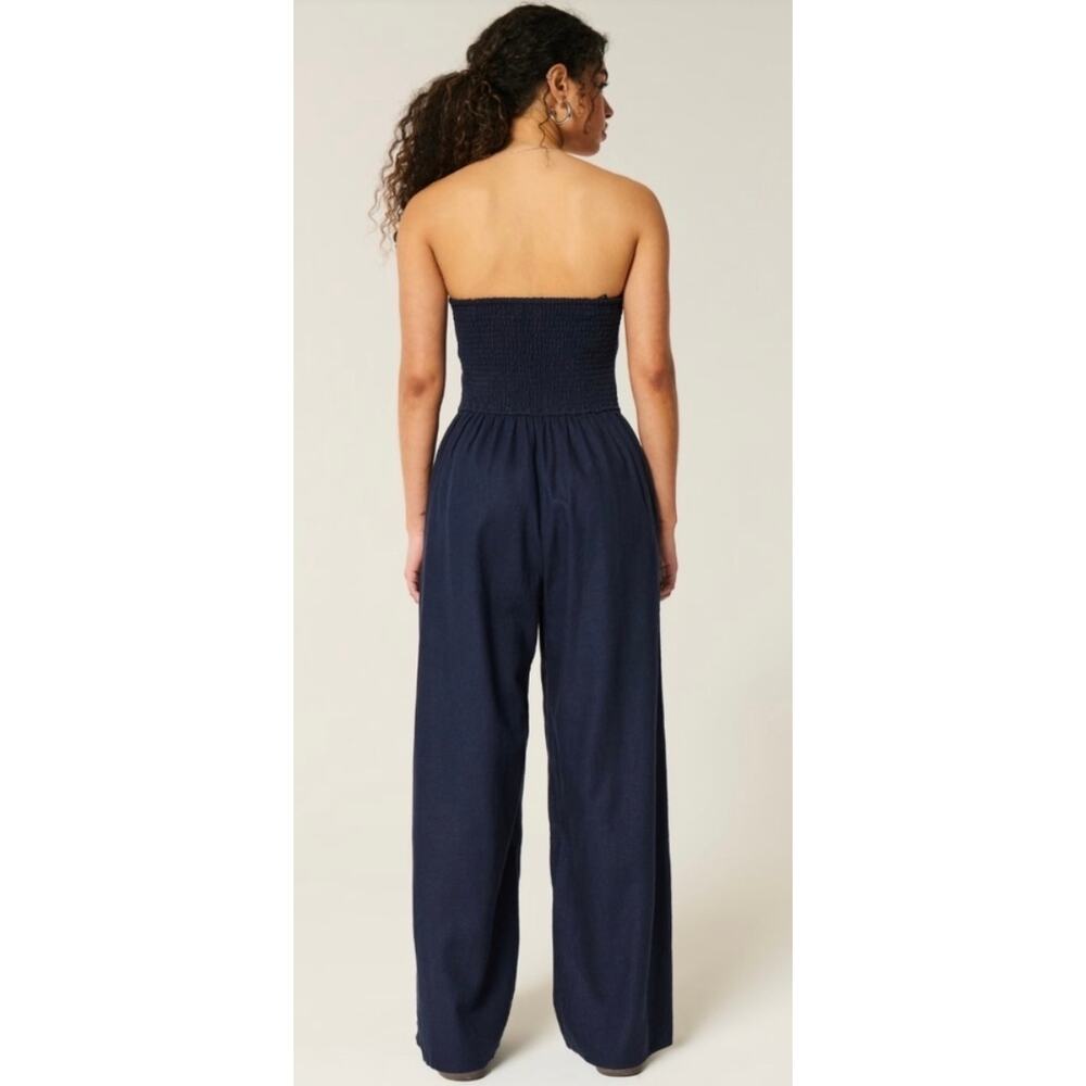 Hollister Navy Strapless Linen Blend Jumpsuit Convertible Straps XS Petite Chic - Picture 3 of 8